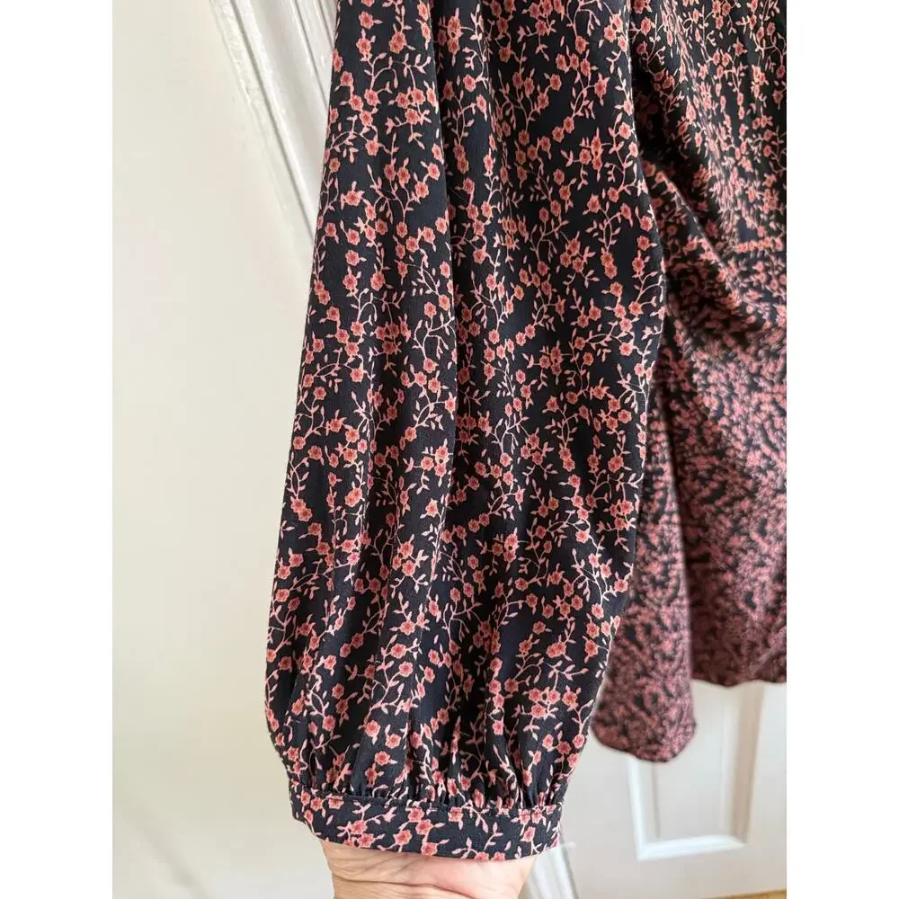 Free People Size L Black Pink Floral V-Neck Smocked Waist Tunic Top Dress EUC